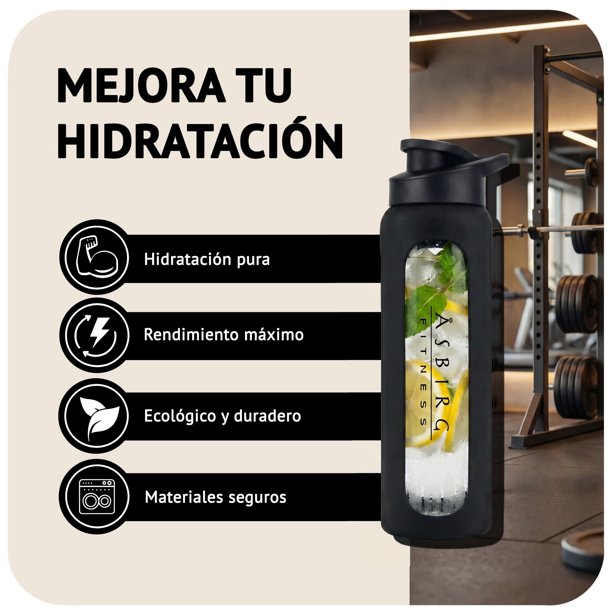 Coctelera de cristal de 1000 ml, sin BPA, a prueba de fugas y resistente, con bola mixta de vidrio de borosilicato, botella para fitness y deportes, color negro