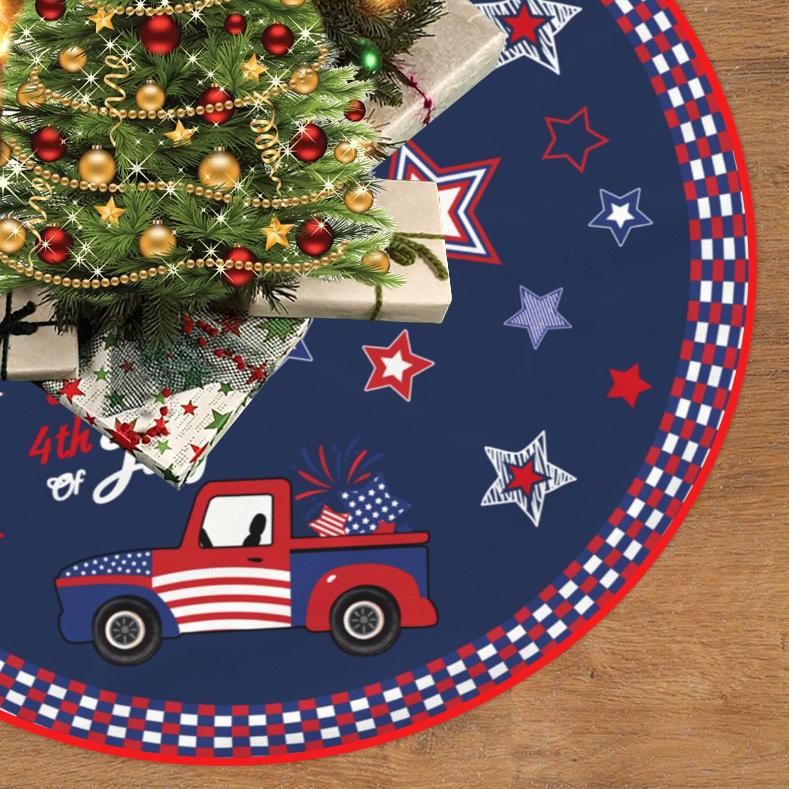 Happy 4th of July Patriotic Christmas Tree Skirt 30 Inch American Flag Stars Stripes Holiday Party Supplies Xmas Tree Mat Decorations