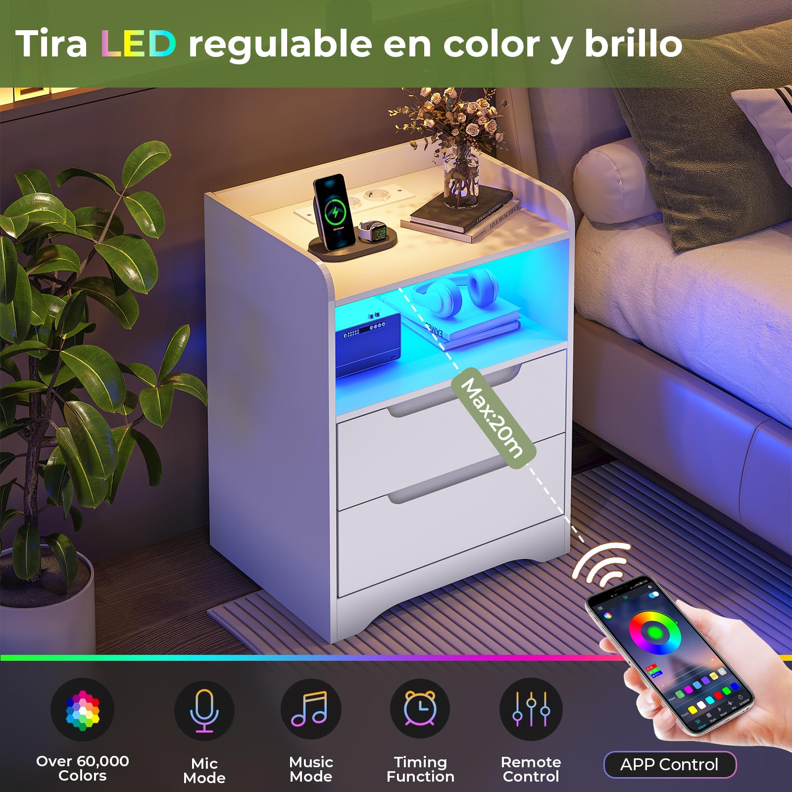 Brinlawb Juego de 2 Mesitas de Noche con luces LED y Estación de Carga (2 Tomas AC, 2 Puertos USB) Mesita de Noche Blanca Mesas Auxiliares con 1 compartimento abierto y 2 cajones para Dormitorio Salón