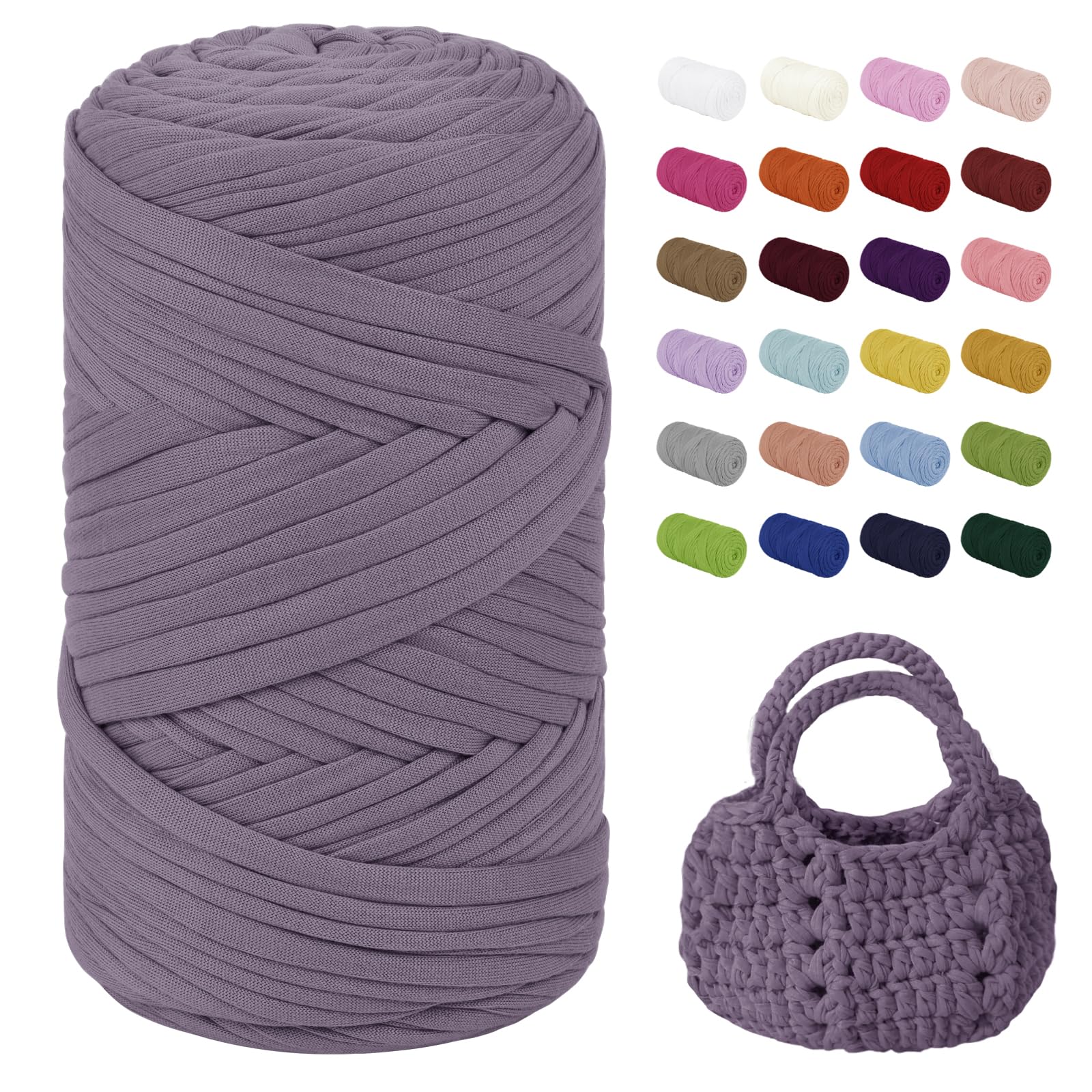 Uiopa T-Shirt Yarn, 400g/150m Chunky Crochet T Shirt Yarn, Polyester Elastic Fabric Ribbon for Crocheting Bags, Baskets, Home Decor, DIY Crafts (Gray-Purple)