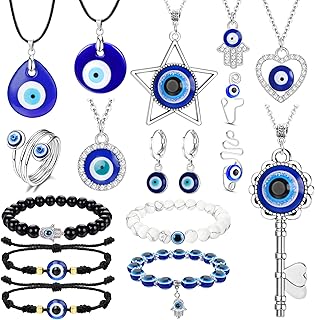 17 Pcs Evil Eye Bracelets Evil Eye Necklace for Women Leather Rope Evil Eye Earrings Nose Rings Cuff Evil Eye Rings for Protection Evil Eye Jewelry Set