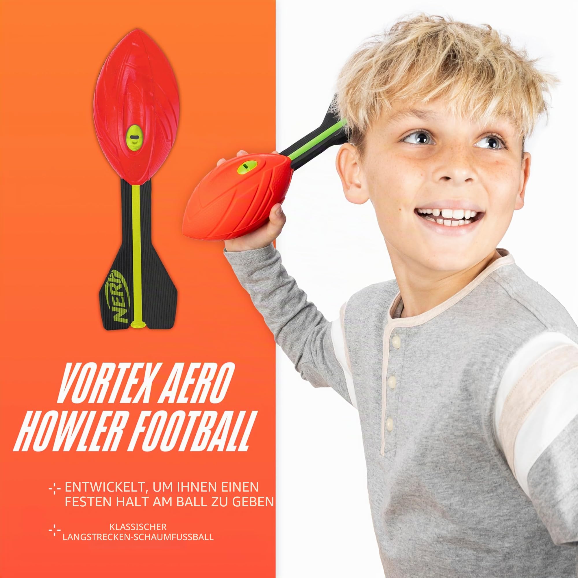 NERF Vortex Aero Howler Foam Ball – Classic Long-Distance Football -- Flight-Optimizing Tail -- Hand Grip – Indoor and Outdoor Fun