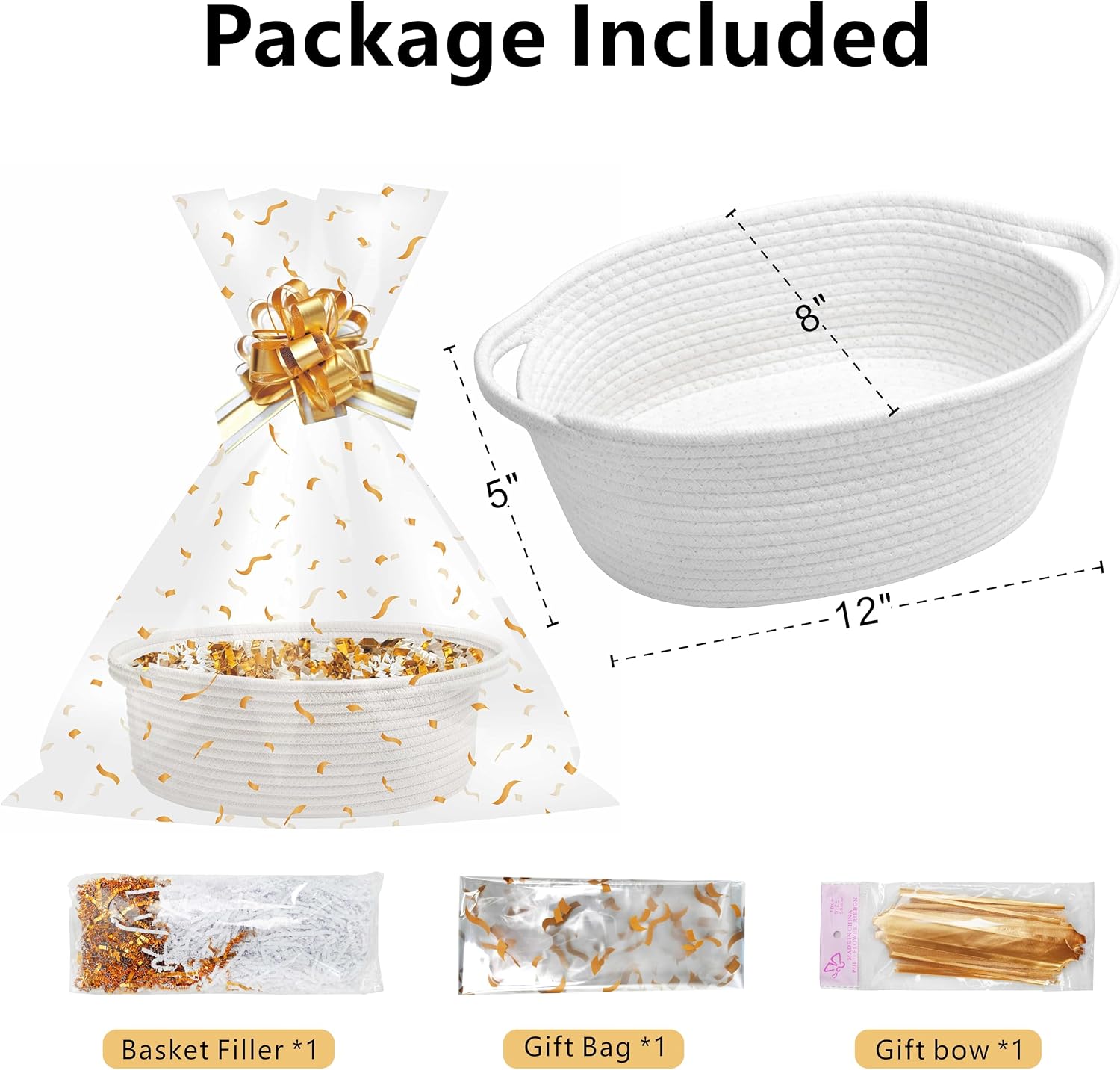 SUNCOLOR Small Woven Gift Basket Set with Cut Paper Shred Filler, Pull Bow & Cellophane Bag, 12x8x5 Inch Durable Cotton Rope Storage Basket for Easter, Baby Shower, Birthday
