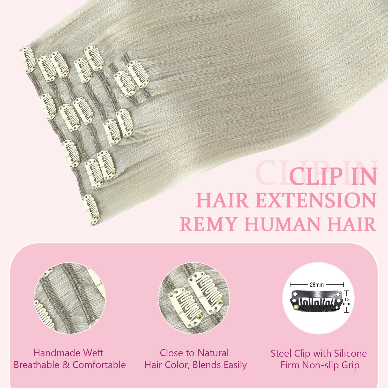 PINKPEARL Clip in Hair Extensions Real Human Hair, 18 Inch 120g 7pcs #1000 Gray Blonde Human Hair Extensions Clip Ins, Remy Hair Clip ins(#1000-18)