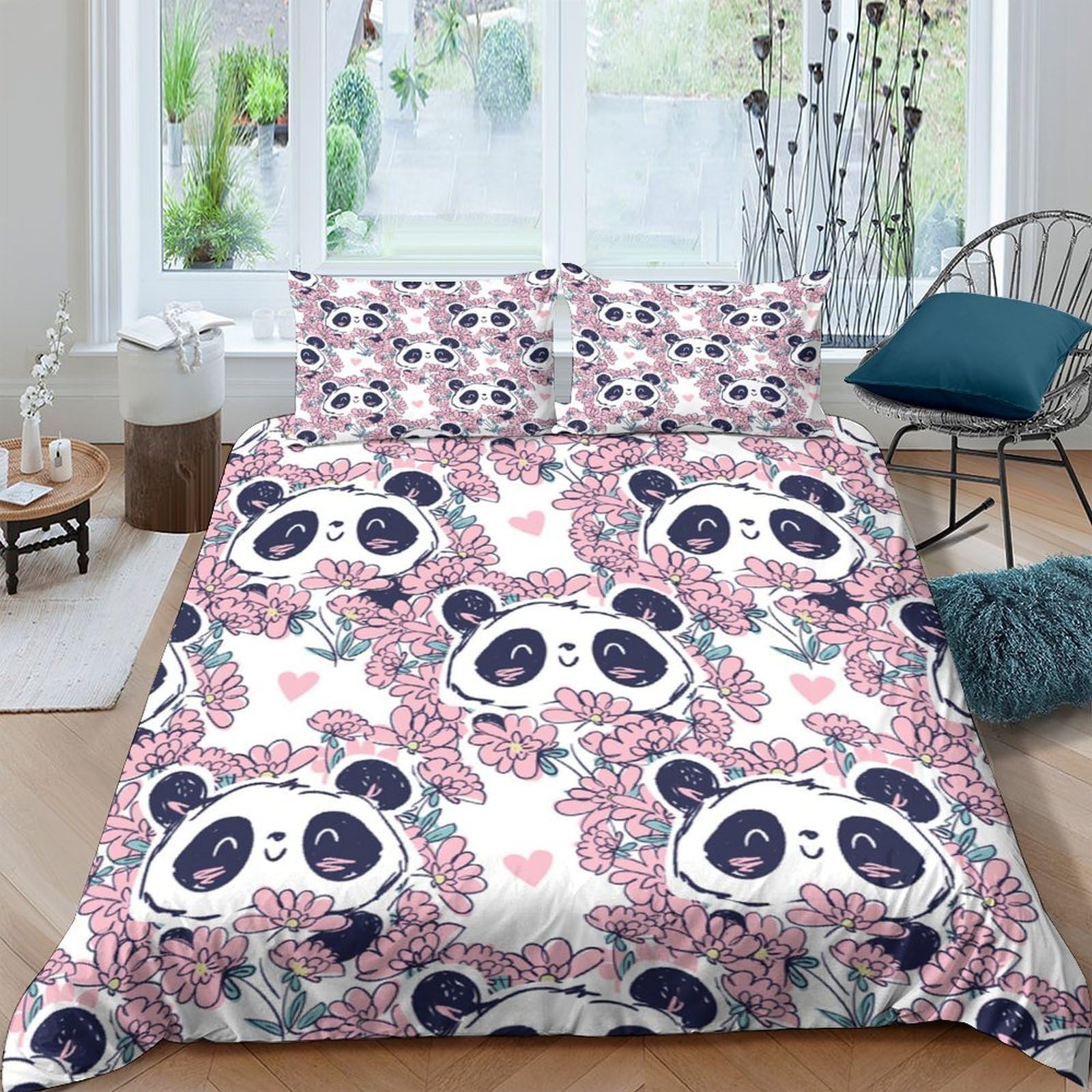 Ctjqhvkz Style-10 3D Printed Cute Panda Floral Fitted Sheet Microfiber Soft Pink Cartoon Bed Sheet For Bedroom Guest Room Decor Single（135X200cm）