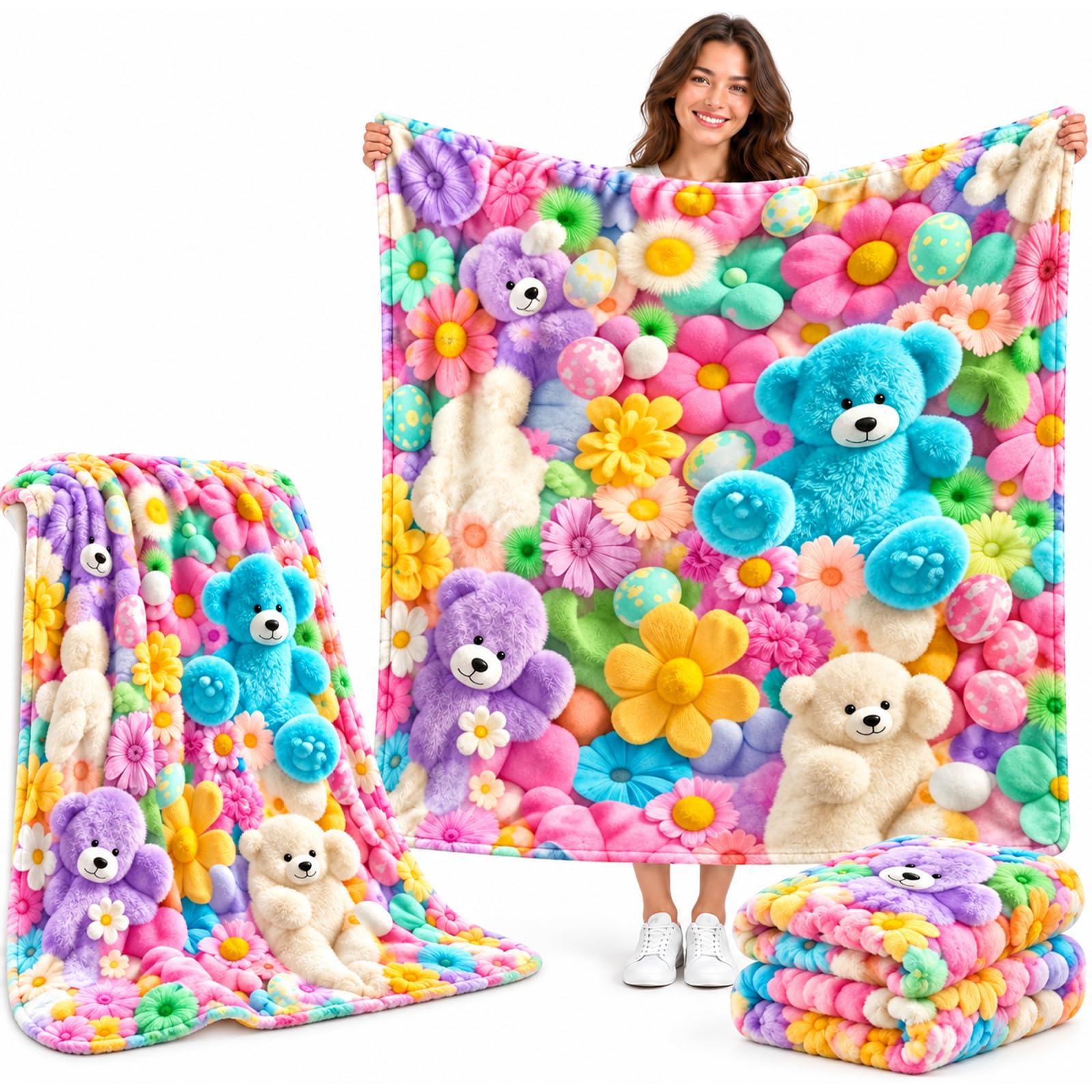 Drbrrly Teddy Pastel Floral Print Throw Blanket, 3D Plush Soft Cozy Blanket for Sofa Bed Couch, Kawaii Teddy Bear Blanket for Women Teens Kids, Lightweight Warm Throws for Sofas (F,70 * 100cm)
