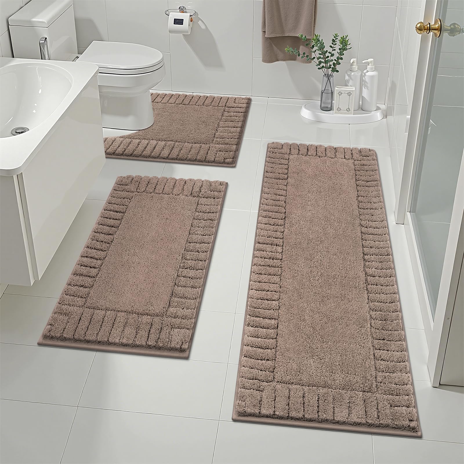 Pauwer Bathroom Rugs Sets 3 Piece Bathroom Shower Rugs with U-Shaped Contour Toilet Mat Absorbent Microfiber Plush Bath Mats Non Slip Bath Rugs