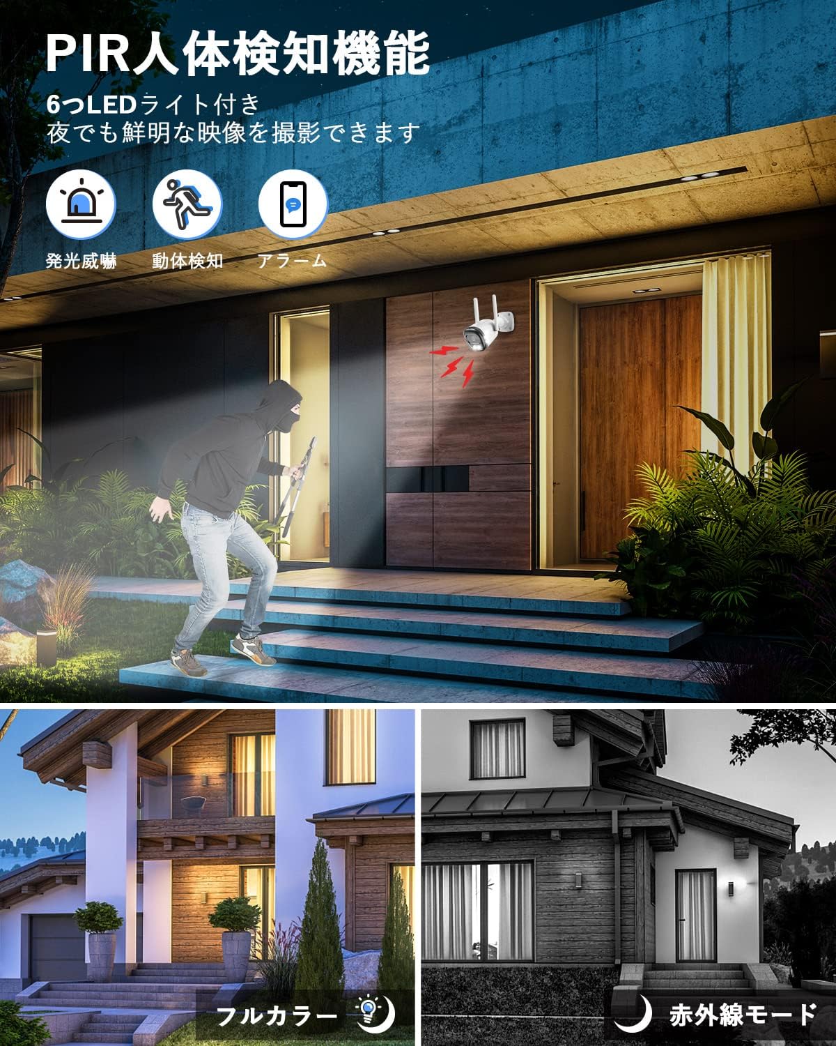 YOWHICK security camera system showing three recording modes: continuous, scheduled, and motion detection, with an example of motion detection triggering an app notification