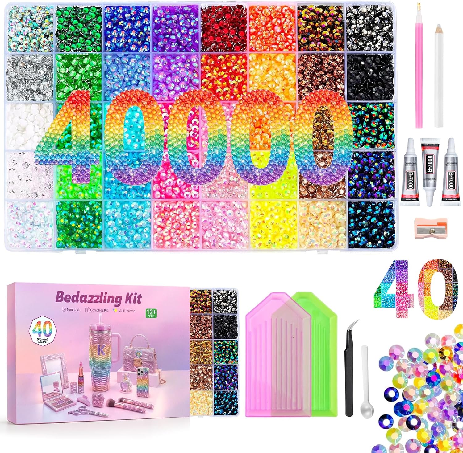 40000Pcs Resin Jelly Rhinestones for Bedazzling, 40 Colors Multicolor 3mm Flatback Gems for Diamond Art, Bedazzler Kit with 3Pcs 10ml B7000 Jewelry Glue for Nail Art Crafting Book Shoes Makeup