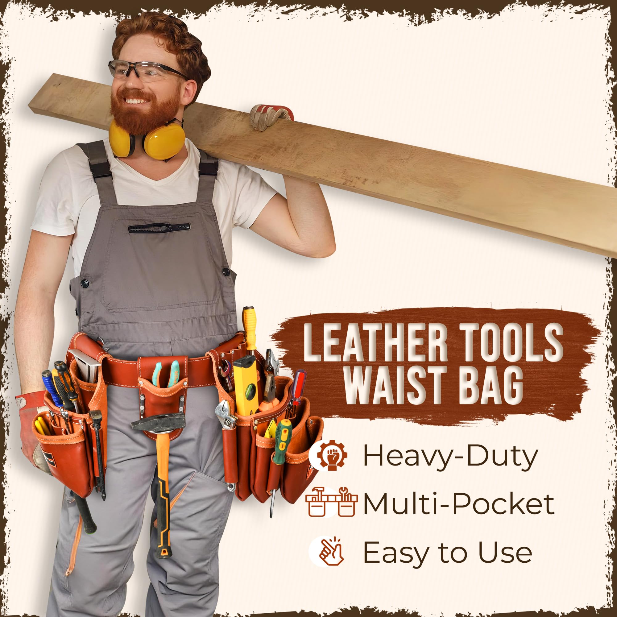 Daisy Pro-202 - Cinturón de cuero para herramientas, 31 bolsillos, cuero de grano superior, cinturón acolchado de 2.5 pulgadas, se adapta a cintura de 32-52 pulgadas, XL (cereza, XL)