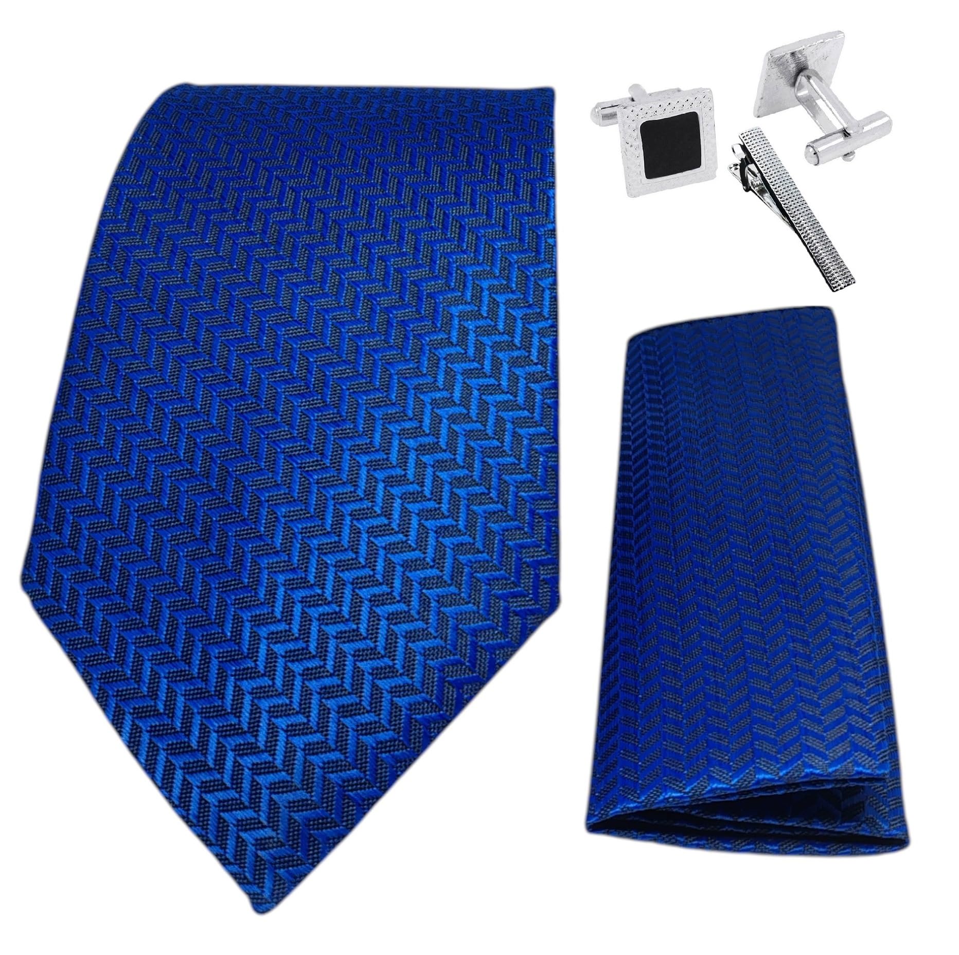 FashMade Premium Italian Silk Tie, Pocket Square with Square Brass Cufflinks & Silver Honeycomb Tie Pin Combo in Leather Gift Box for Men – Formal & Wedding Set tp-38-image-40