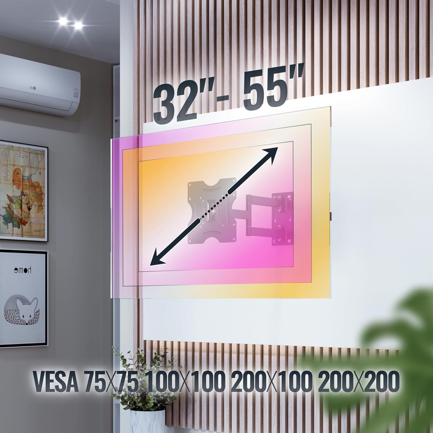 RICOO R02 TV wall mount showing VESA compatibility and screen size range