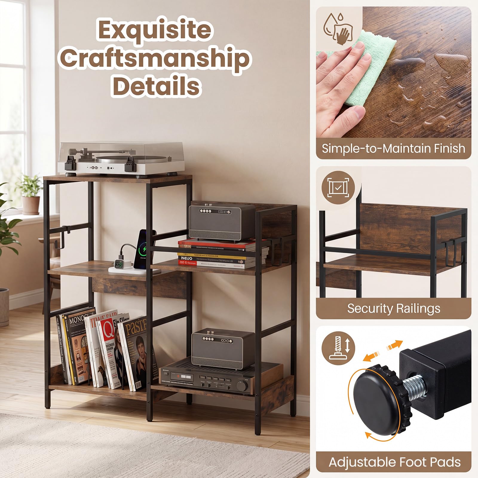 GIANTEX Supporto per Giradischi Multilivello, Mobile Vinili con Stazione di Ricarica, Mobiletto Porta Dischi in Legno con Ganci, Struttura Metallica, per Studio e Soggiorno, 78 x 30 x 78 cm