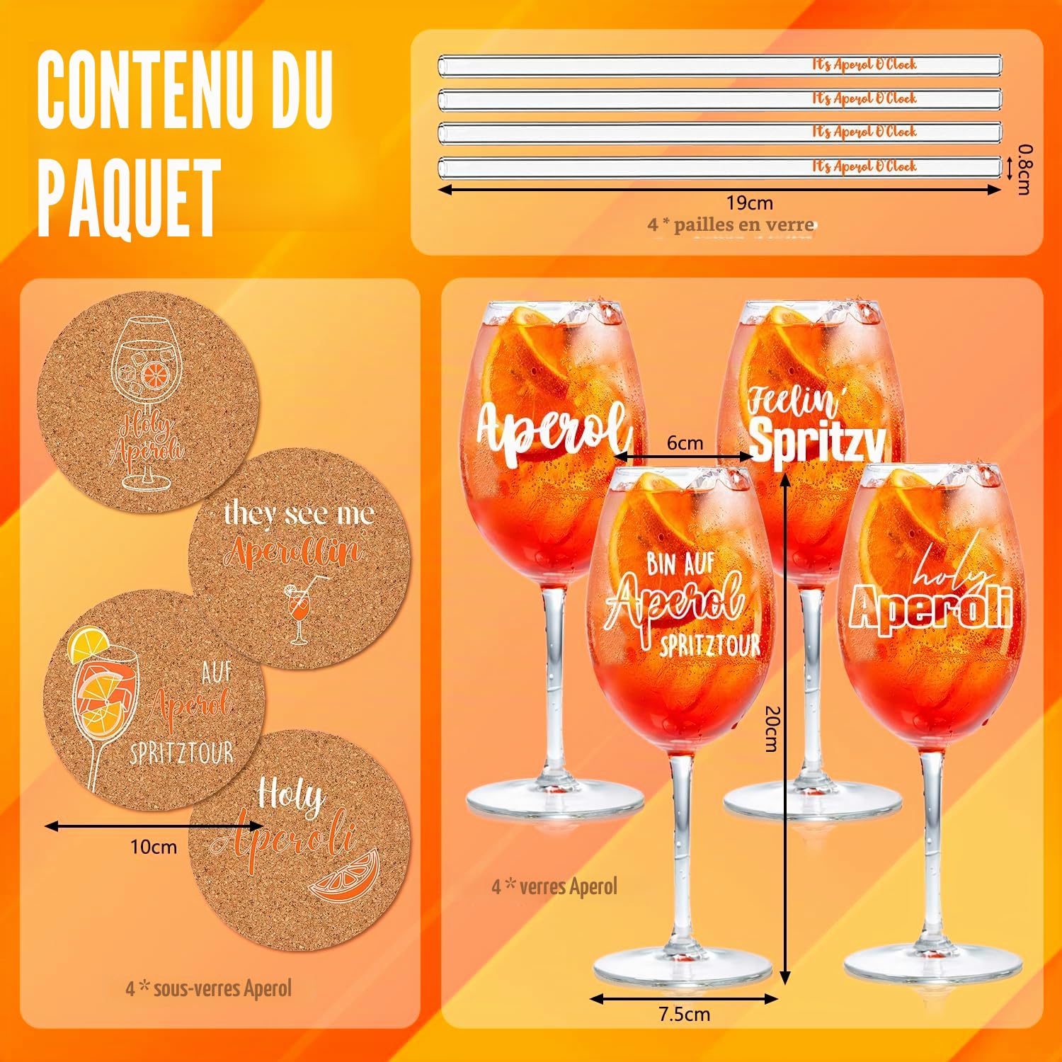 Coffret cadeau 4 verres Aperol Spritz - Verres Aperol de qualité supérieure | Pailles en verre It’s Aperol O’Clock | Sous-verres en liège, idéal pour les amateurs d'Aperol
