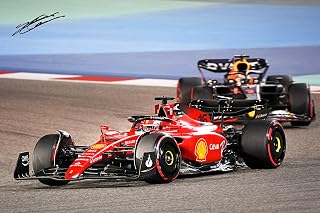 Ferrari F1 Formula One Racing with Pre-Printed Charles Leclerc Autograph Bahrain 2022 - Premium High Gloss Art Print Poster. (962P) (24”x36”)