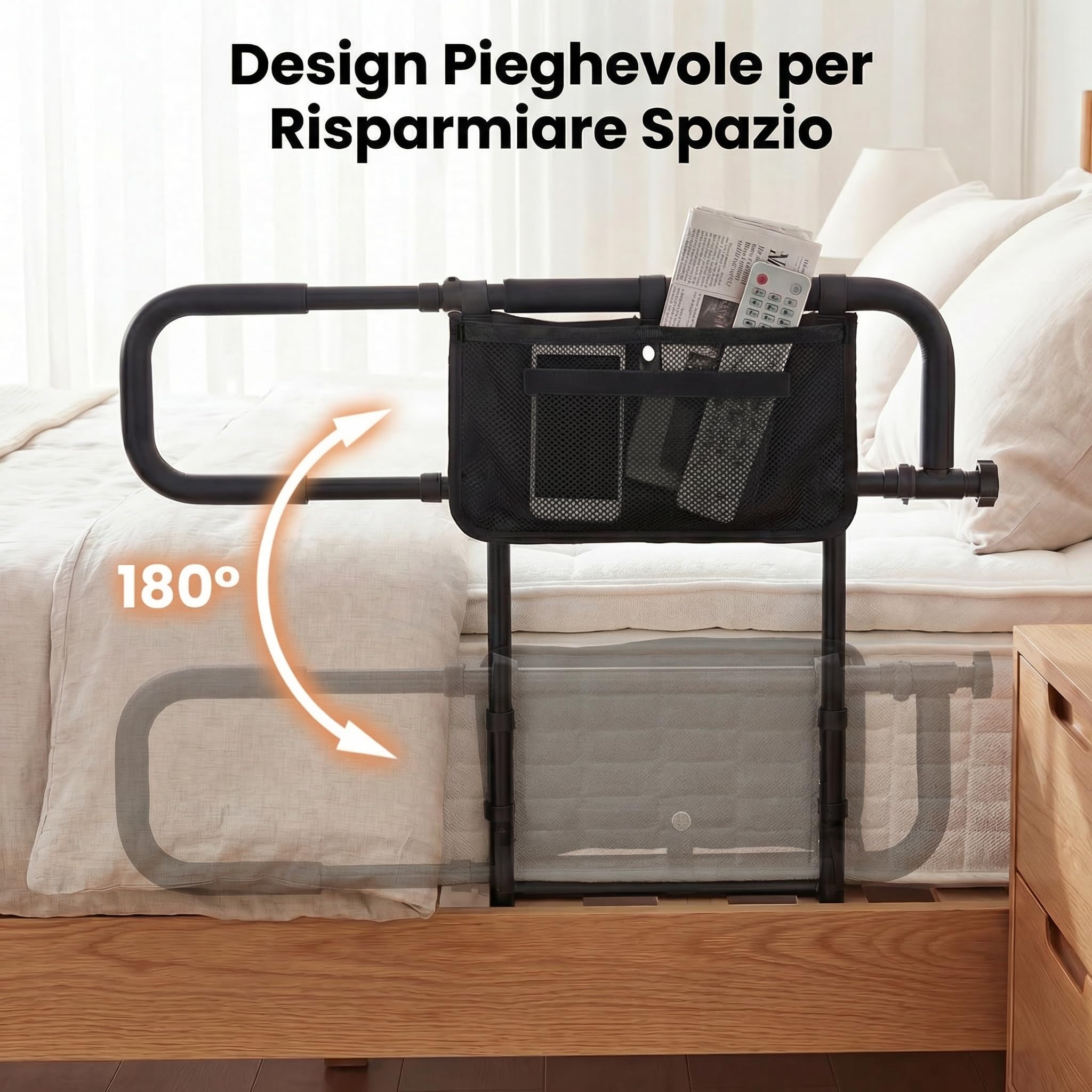COSTWAY Sponda Letto Anziani Regolabile e Pieghevole, Altezza/Larghezza Aggiustabile, Tasca Rimovibile, Maniglie Imbottite e Base a U, Adatto a Letti King/Queen, Supporto fino a 136 kg (Nero)