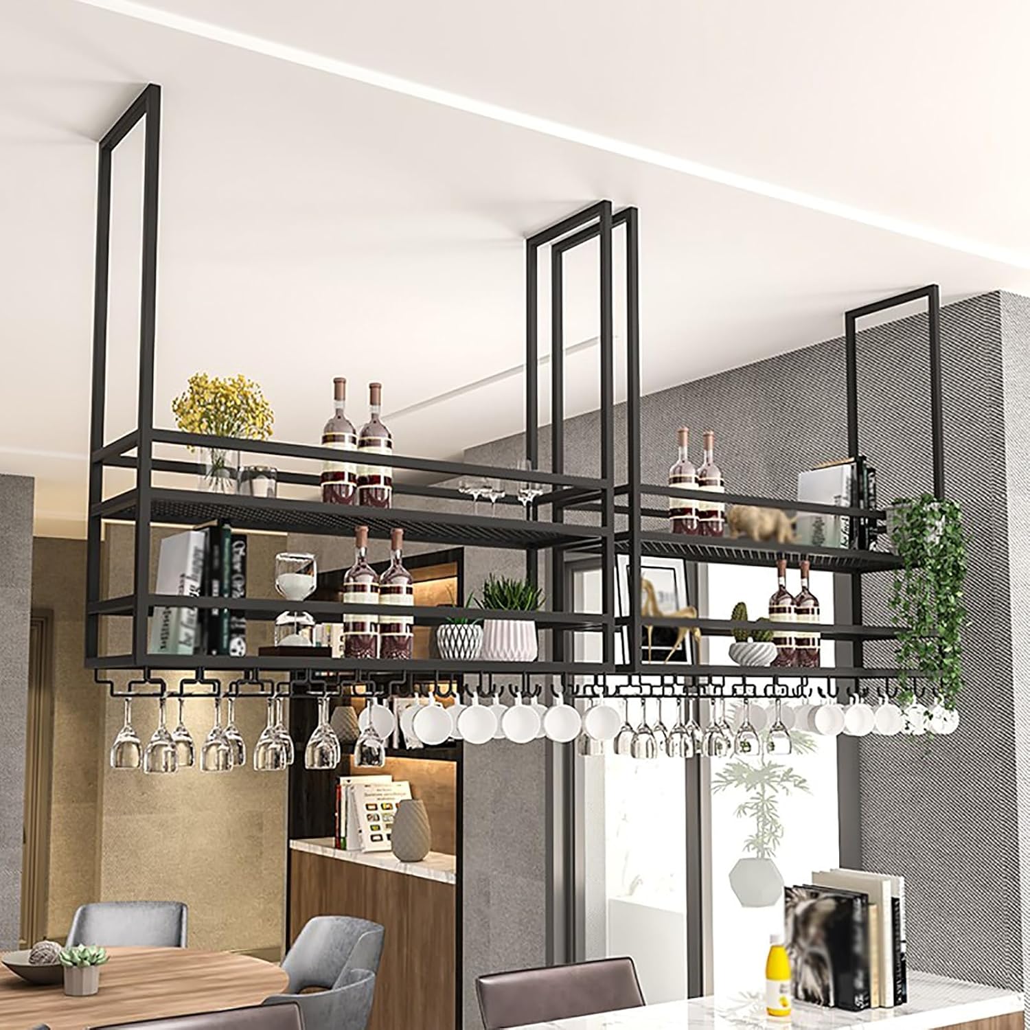 Ceiling Wine Rack Hanging Holder Metal Wine Glass Shelf Decorative Bar Unit for Home Kitchen & Cafe Floating Goblet Storage Solution Stylish Wine Display