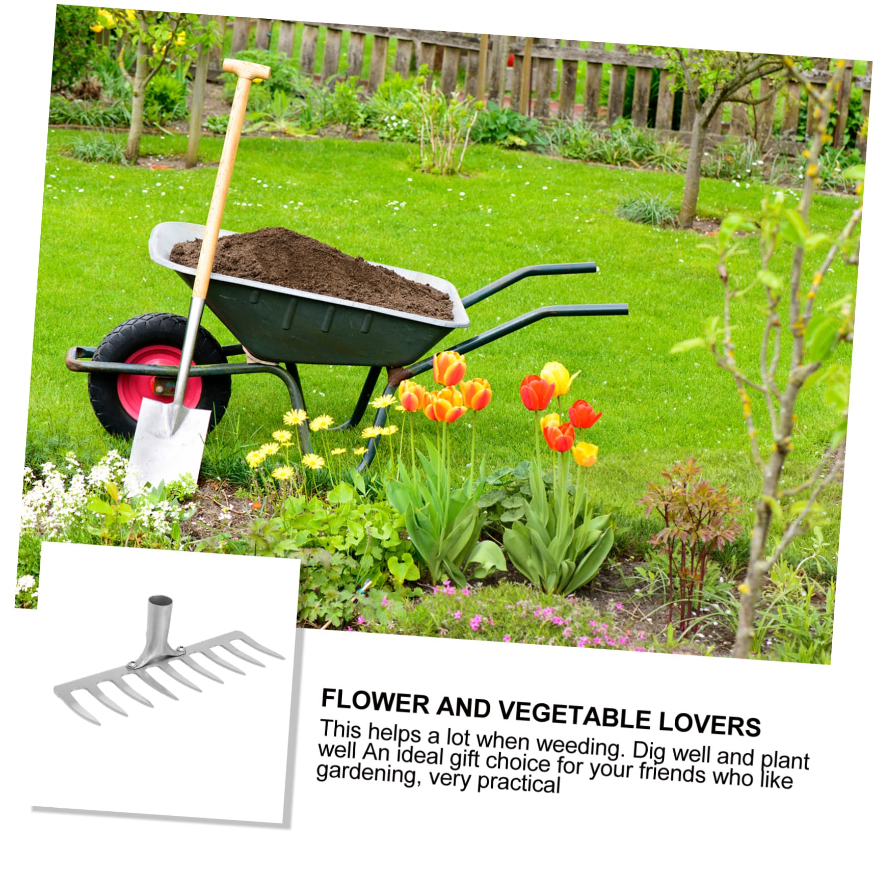 TOYANDONA Robuster Laubbesen aus Eisen mit 9 Zinken Silberfarbener Grasrechen für Garten und Rasen zum Reinigen von Blättern und Gartengerät für Familien