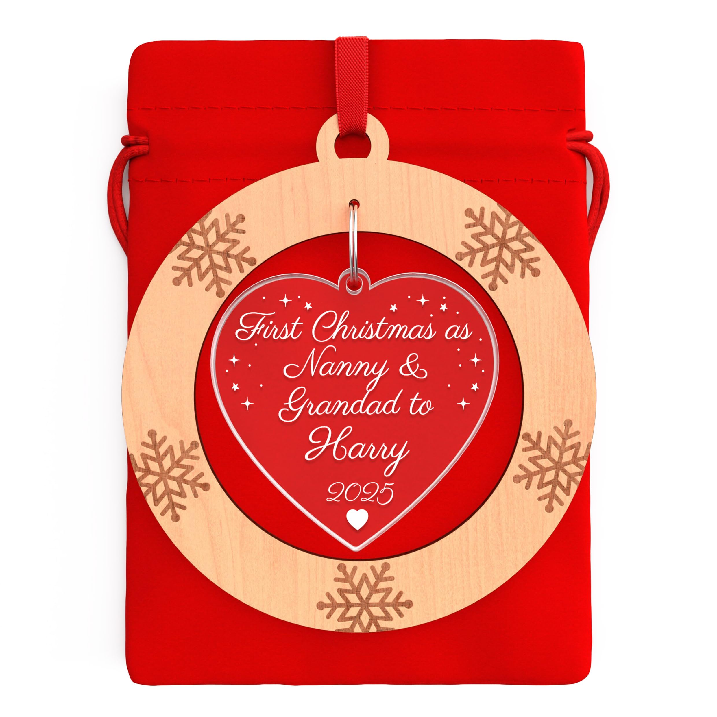 PERSONALISED 1st Christmas as NANNY and GRANDAD Christmas Tree Bauble Gifts - Cherry Veneer and Acrylic Engraved Ornament - Keepsake