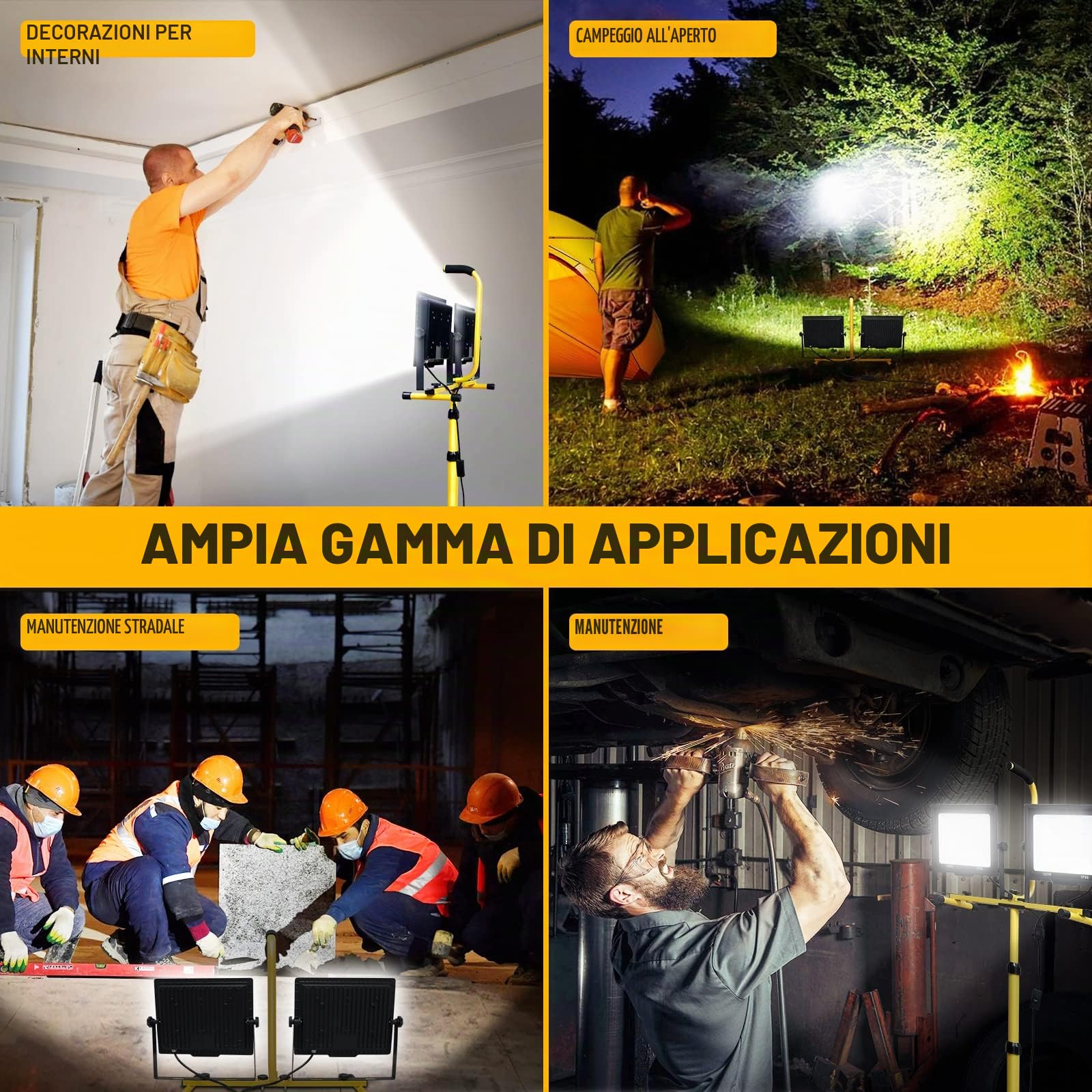 Willpower Doppio Faretto LED da Cantiere su Treppiede 200W 20000LM Proiettore LED con Cavo 3m Impermeabile IP65 Faro da Lavoro LED Luce Bianca 6000K per Esterni Interni Feste Barbeque Garage Giardino