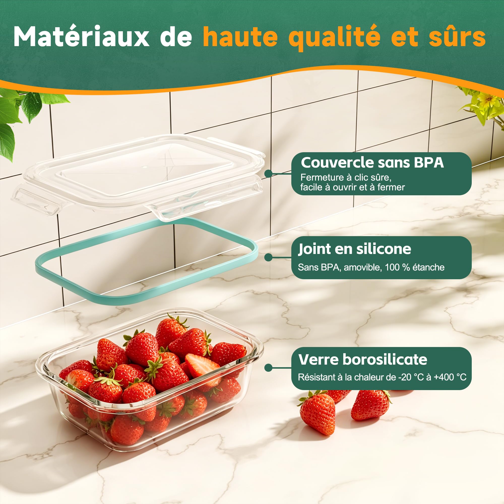 Lot de 8 Boîtes Alimentaires en Verre avec Couvercle | Récipients Hermétiques en Verre Borosilicate | Étanches & Empilables | Pour Congélateur, Micro-ondes | 1040ml, 640ml, 370ml, 180ml