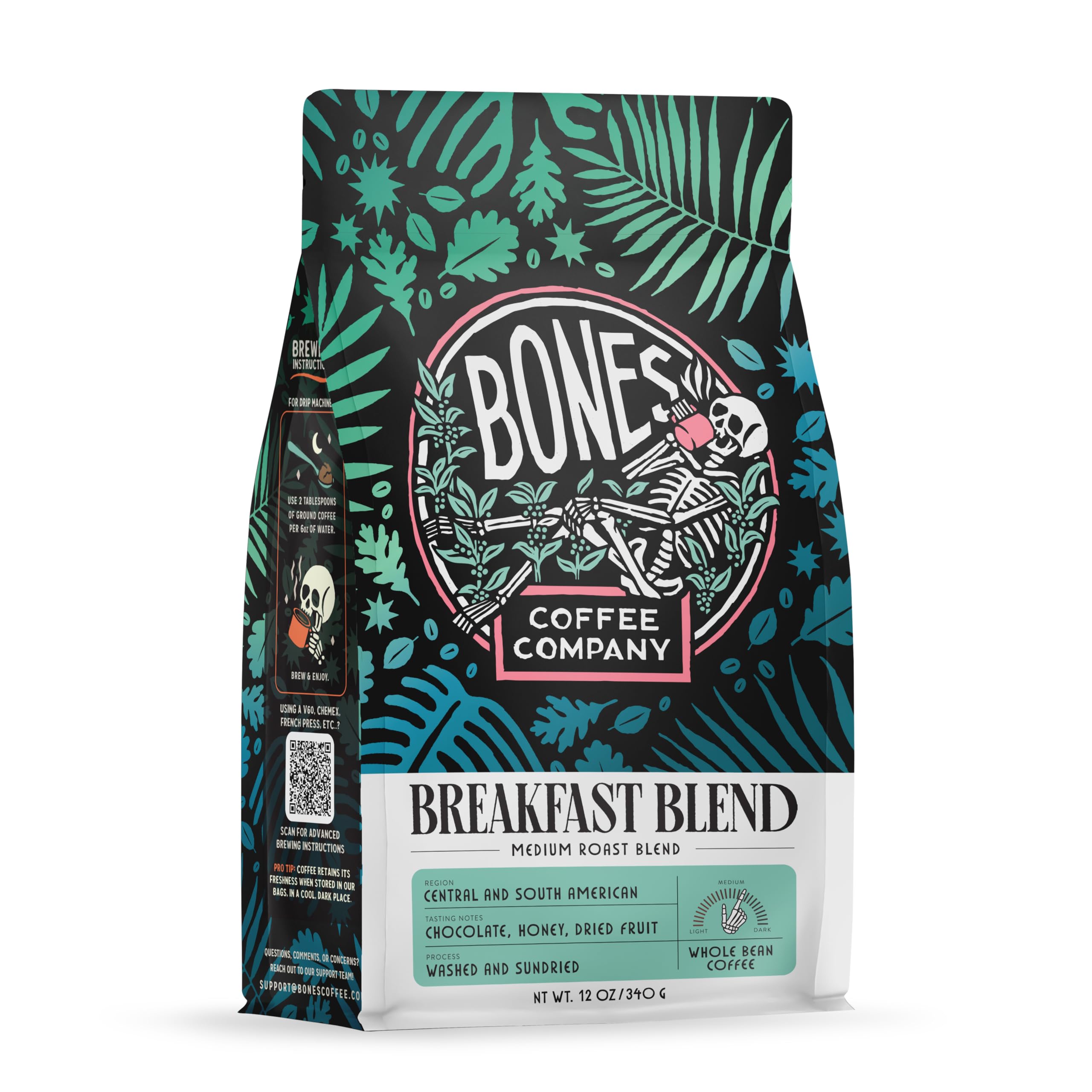 Bones Coffee Company Breakfast Blend, Chocolate, Honey and Dried Fruit Notes, Unflavored Coffee, Medium Roast Low Acid Arabica Beans Compatible with Auto drip and French Press Coffee Maker, 12 Oz Whole Bean