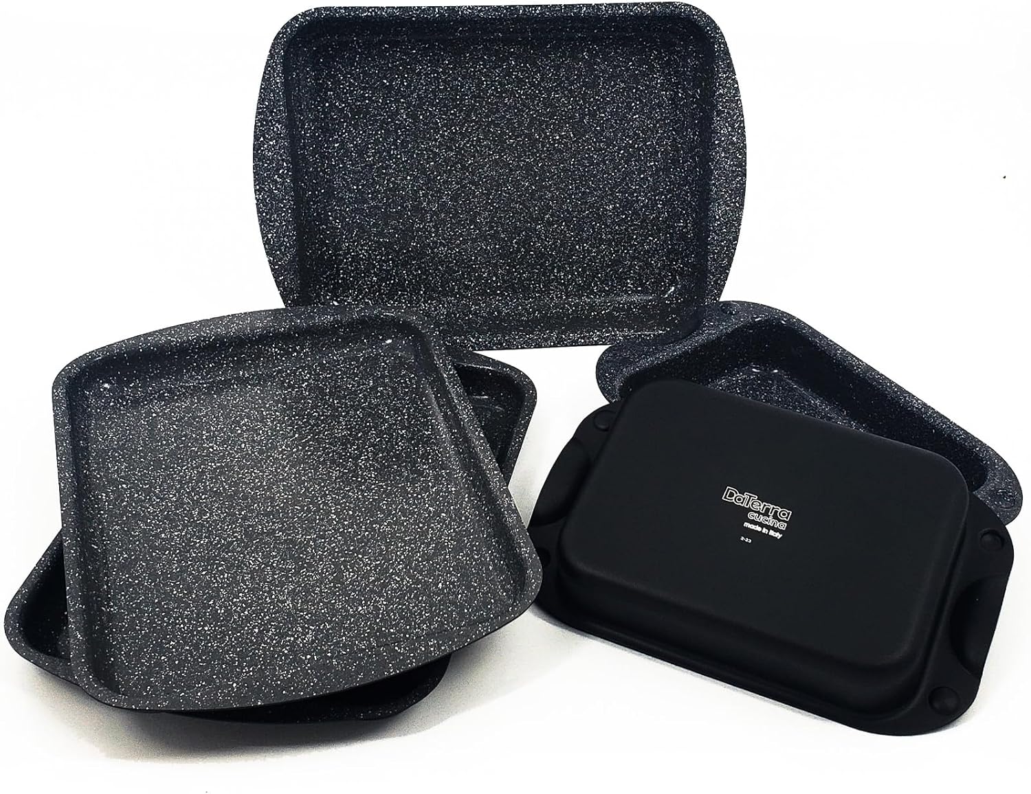 DaTerra Cucina Nonstick Baking Bundle – Dual Covered Roasting Pan Set 13" x 8" x 4.25", Roasting & Lasagna Pan, Twin Pack Ceramic Baking/Cookie Sheets – Made in Italy, Volcanic Black