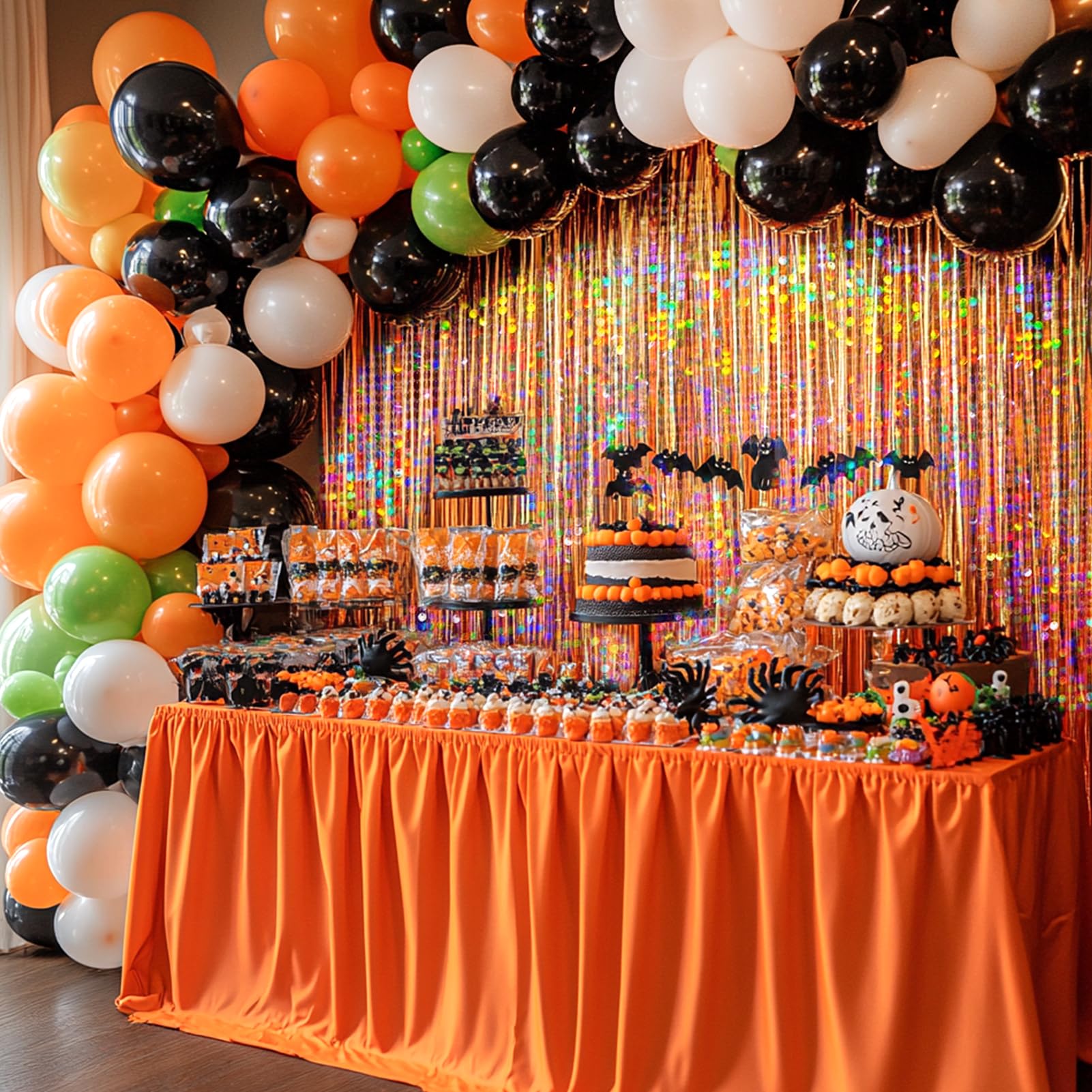 Paquete de 4 cortinas de flecos de aluminio naranja, telón de fondo de oropel metálico naranja para cumpleaños, boda, baby shower, Halloween, Acción de Gracias, Acción de Gracias, regalos de