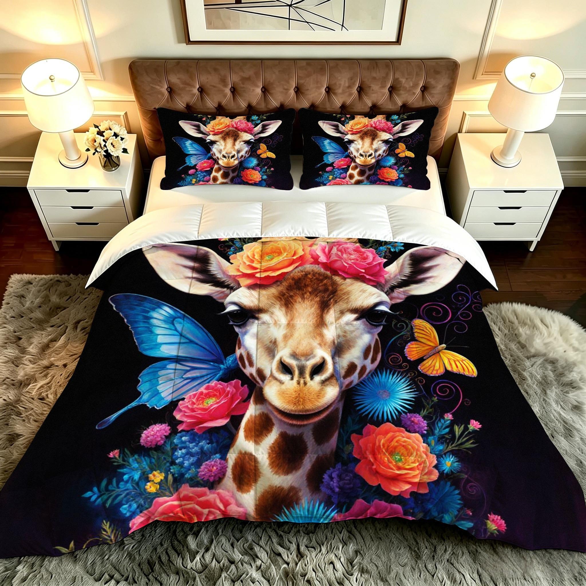 Nórdico de Tamaño Gigante | Flores Animales Jirafa, Edredón Mullido y Transpirable, Sustituto Edredón de Plumas, con 2 Fundas de Almohada, para Cama de 180 cm_A19212