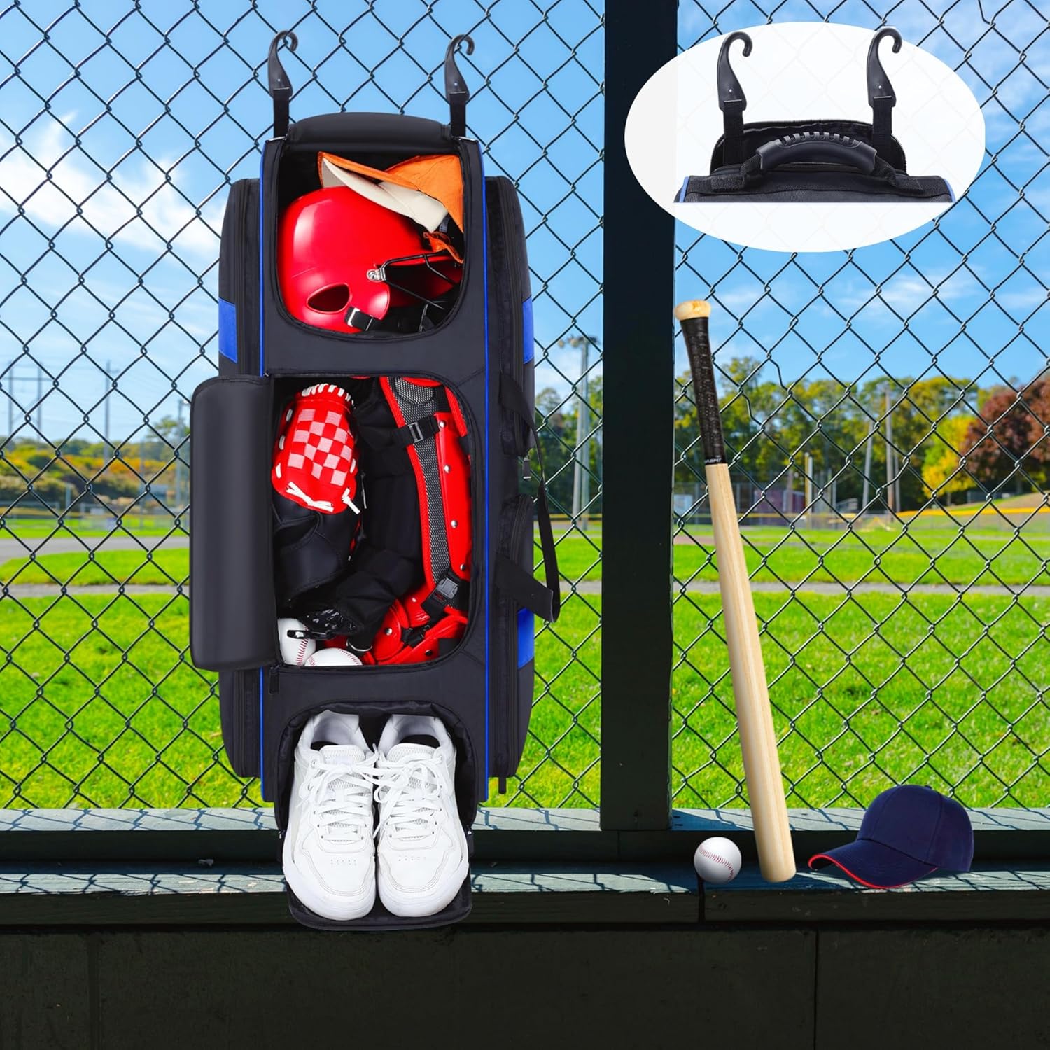 Rolling Baseball Bag with Wheels, Large Catchers Gear Bag for 4 Bats and Equipment,Separate cleats Compartment, Multi-Pockets & Fence Hook, Portable Softball Baseball Bat Bags for Youth Adult - Image 6
