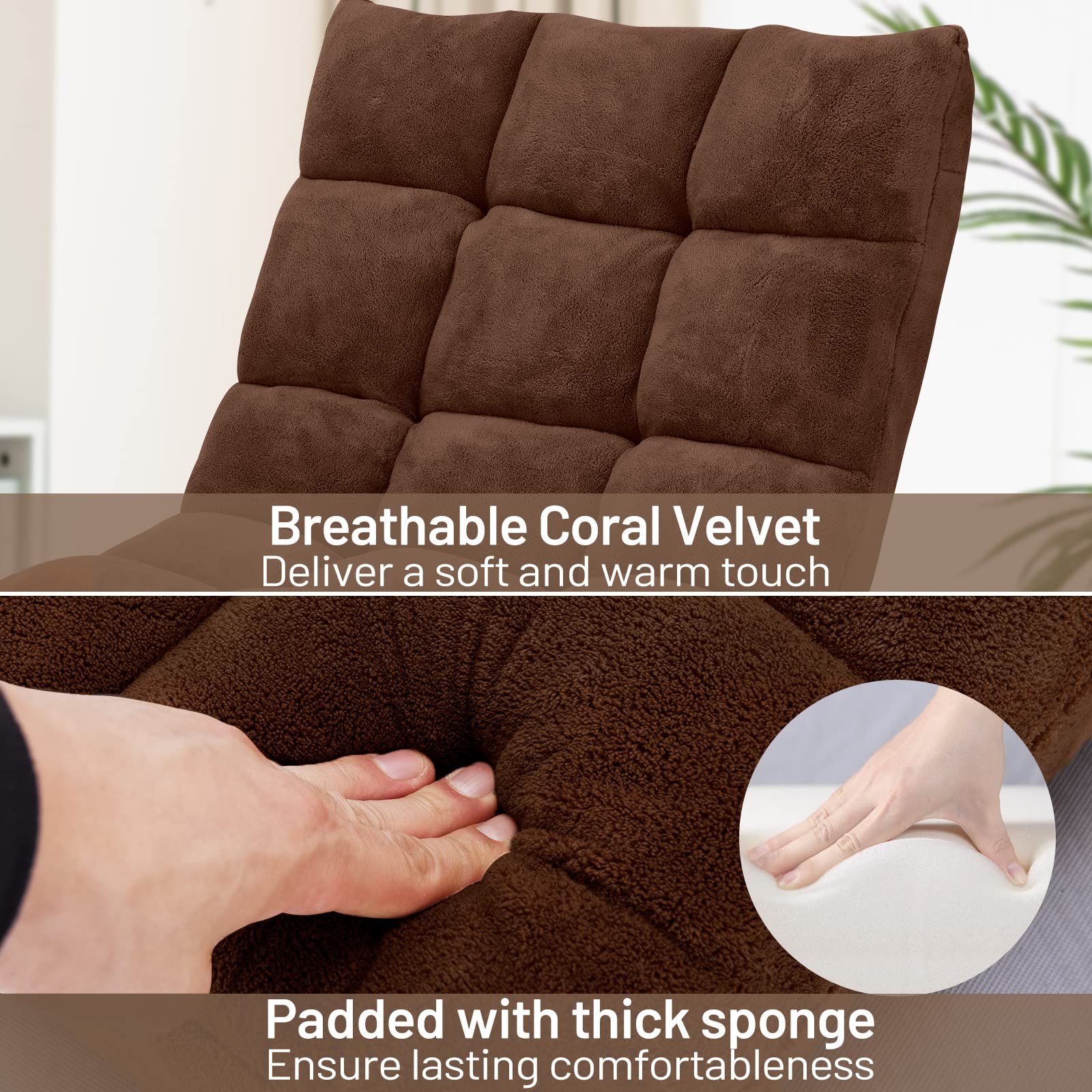 HOMASIS Silla de Suelo con Respaldo Ajustable en 14 ángulos, Silla Plegable de Pana, sillón tapizado para Leer, meditar, cojín de Suelo, 15 cm de Grosor (Café)