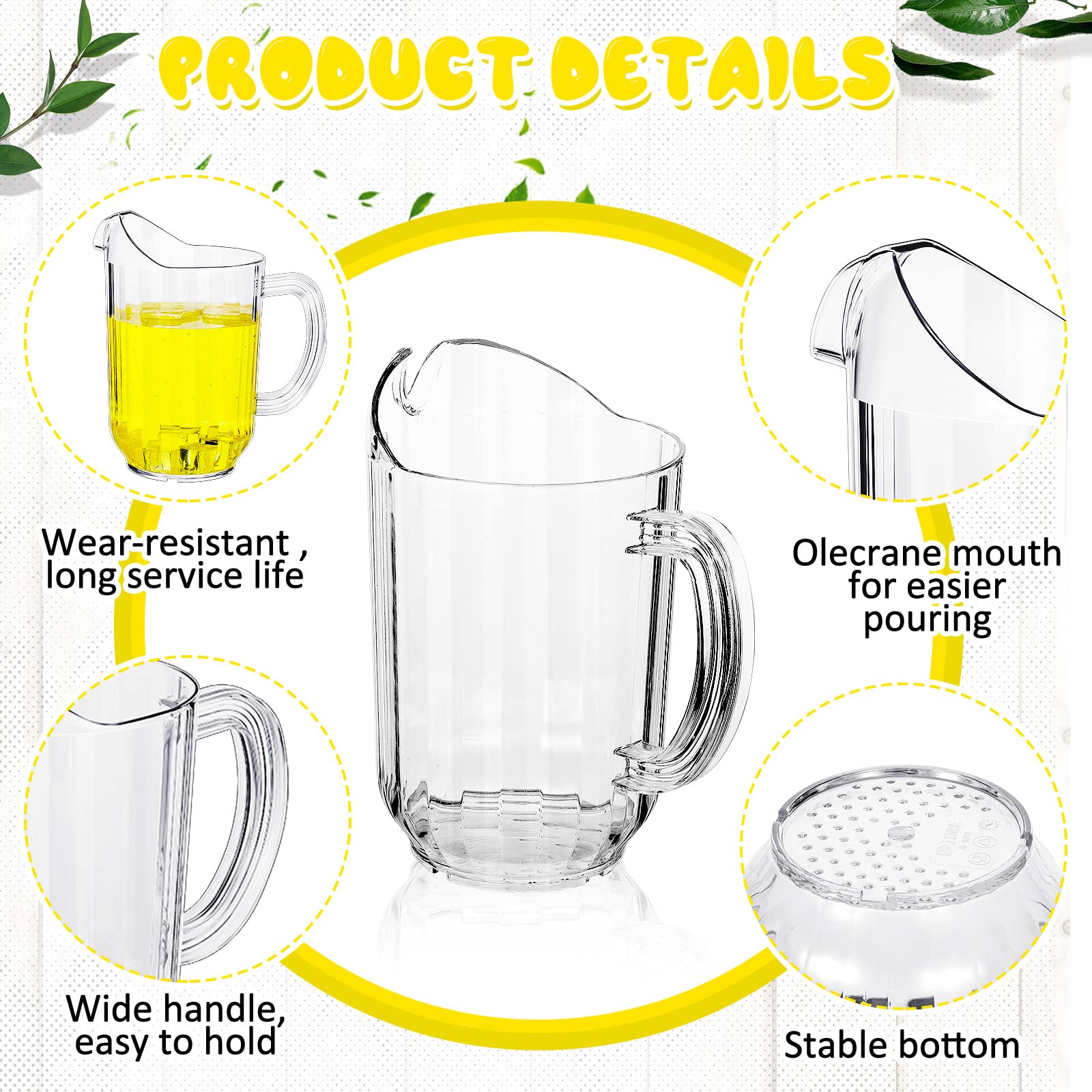 Tessco - Confezione da 3 brocche in plastica trasparente da 1700 ml, moderne, infrangibili, leggere, per ristoranti, feste, bar, brocche per acqua, latte, succhi di frutta, birra