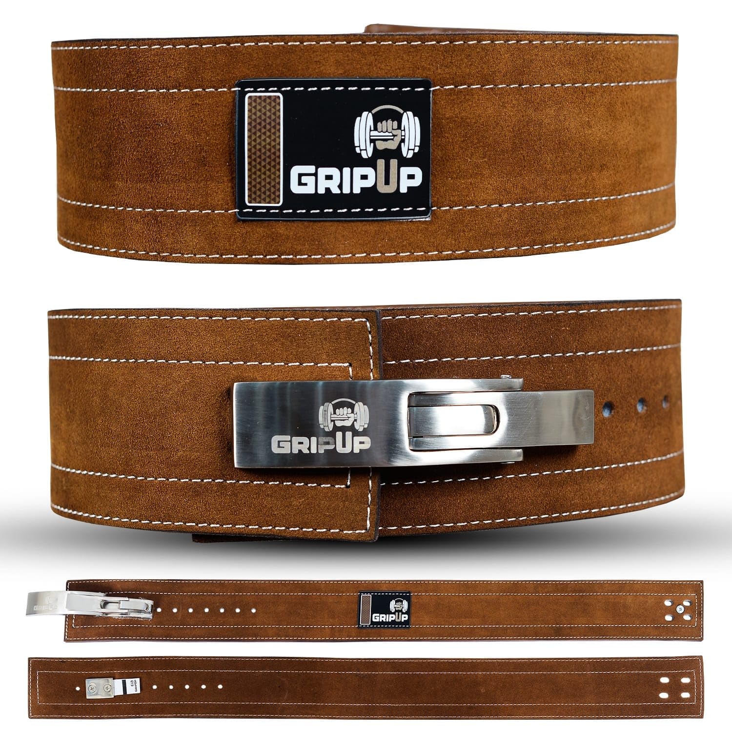 Powerlifting Belt for Weight lifting Lever Buckle Leather Gym Belt 10mm Thick 4-Inch Lumbar Back Support Men Women for Bodybuilding Deadlifts Dips Strength Training Workout Brown/White Medium