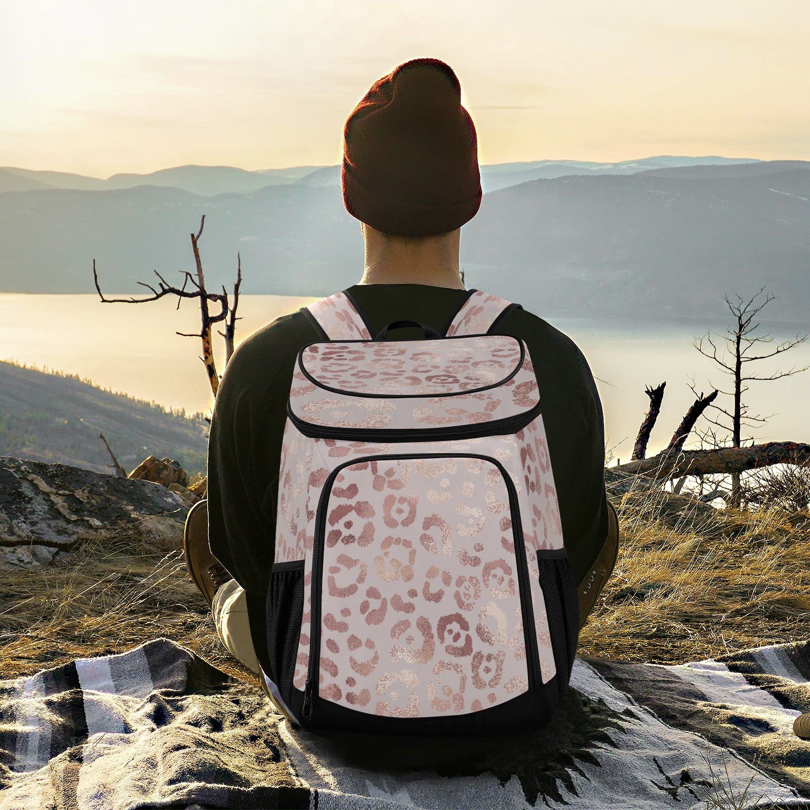 Leopard Print Rose Gold Insulated Cooler Backpack - 30L Waterproof Leakproof Beach Picnic Lunch Bag For Camping - View #4