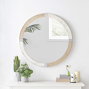 H HOMEBROAD. Wall Mirror 31.5” Round Decorative Wall Hanging Mirror, Large Wooden Circle Frame, Rustic Distressed Wood Farmhouse Mirror for Bedroom, Bathroom or Living Room Wall Decor