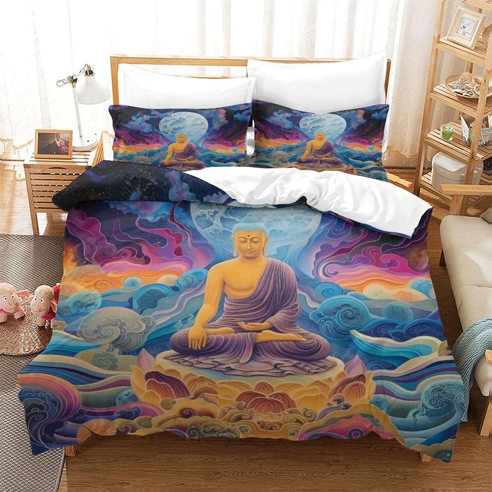Housse de couette Bouddha 260x220 cm avec taies d'oreiller en microfibre pour lit super king