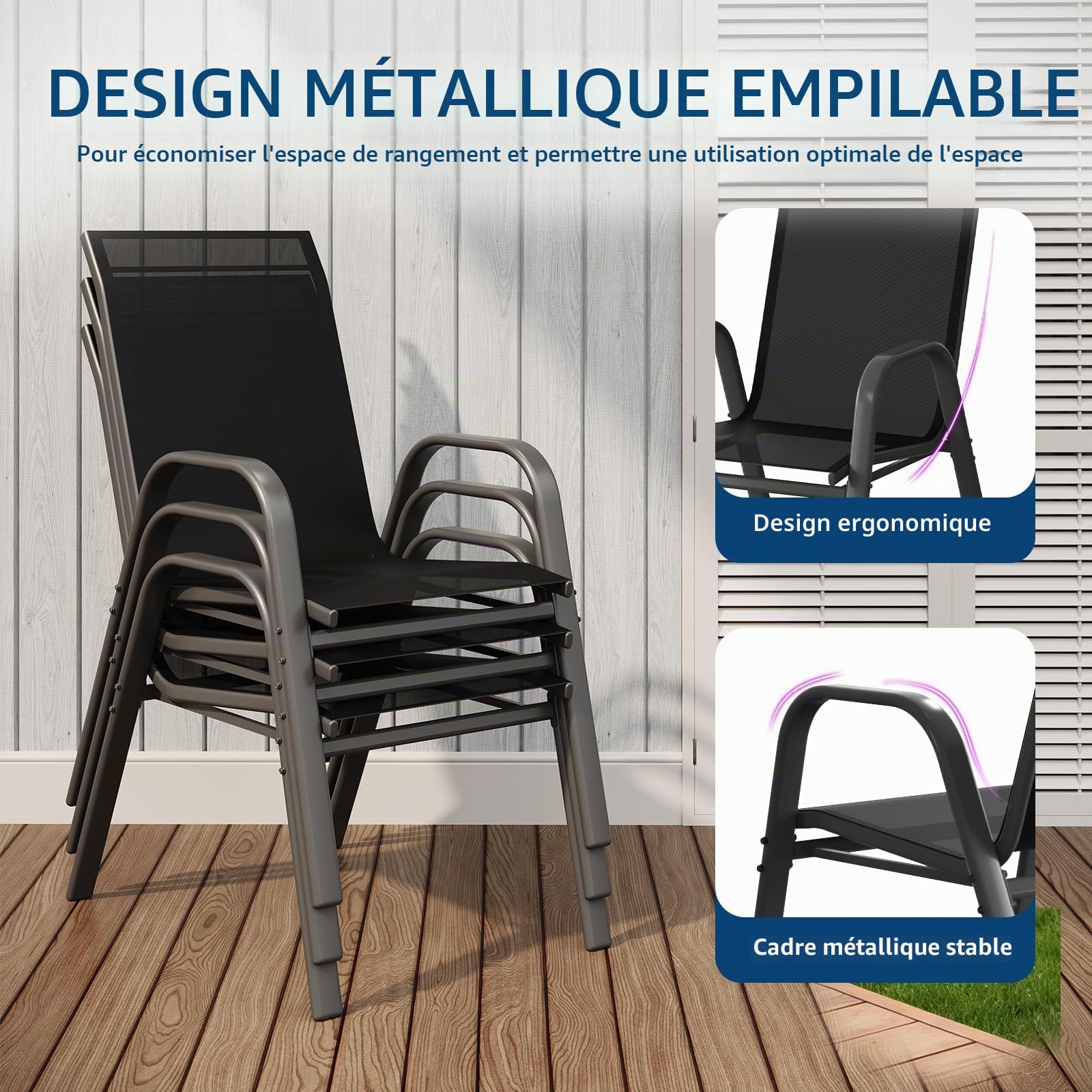 Lot de 4 chaises de Jardin empilable,Fauteuil de Jardin Exterieur en Textilène,Carde Métal,Dossier Haut,Anti-rouille,jusqu'à 150Kg,Chauffeuse pour Balcon,Terrasse,Piscine,Bar(93x74x54cm,Noir)