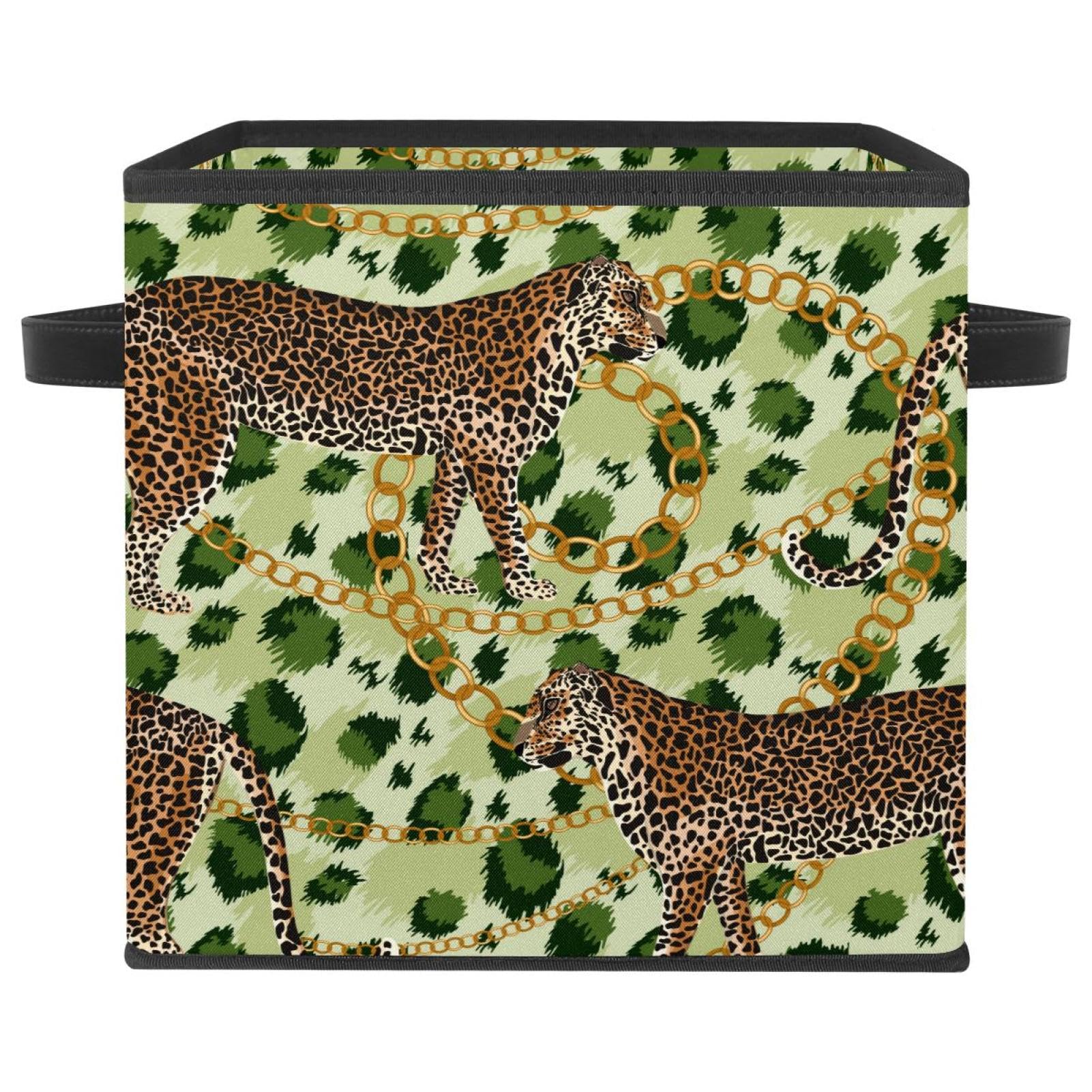 Cube de rangement chic motif léopards dorés et chaîne verte en tissu