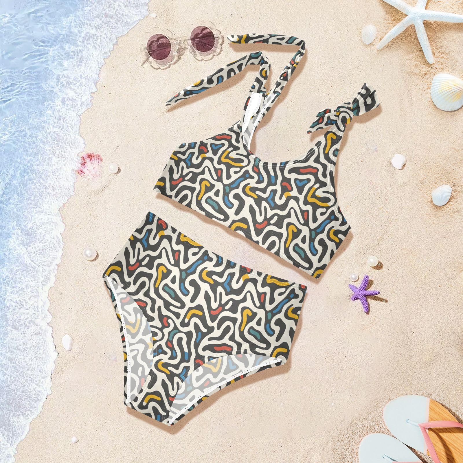 Draw Pattern Girls Two Piece Tankini Swimsuits Summer Bathing Suit Beach Swimwear Set, 4T Multicoloured