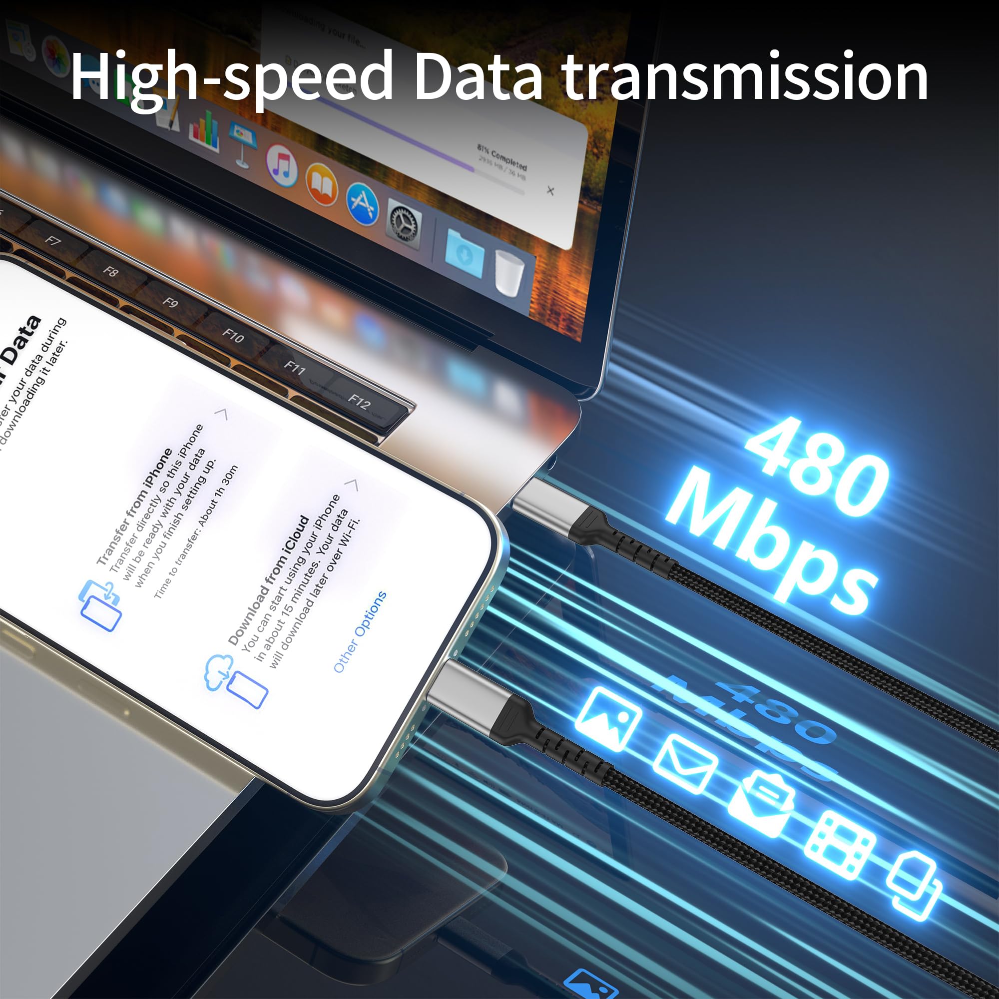 ADILIFT - Cavo USB C a USB C, 60 W, 3 pezzi da 1 m, cavo di ricarica rapida in nylon USB C, 3 A/20 V, compatibile con MacBook/iPad/iPhone 16/15/Pro/ProMax, Galaxy S24 S23 A55 A25 A15, Huawei, Pixel 9