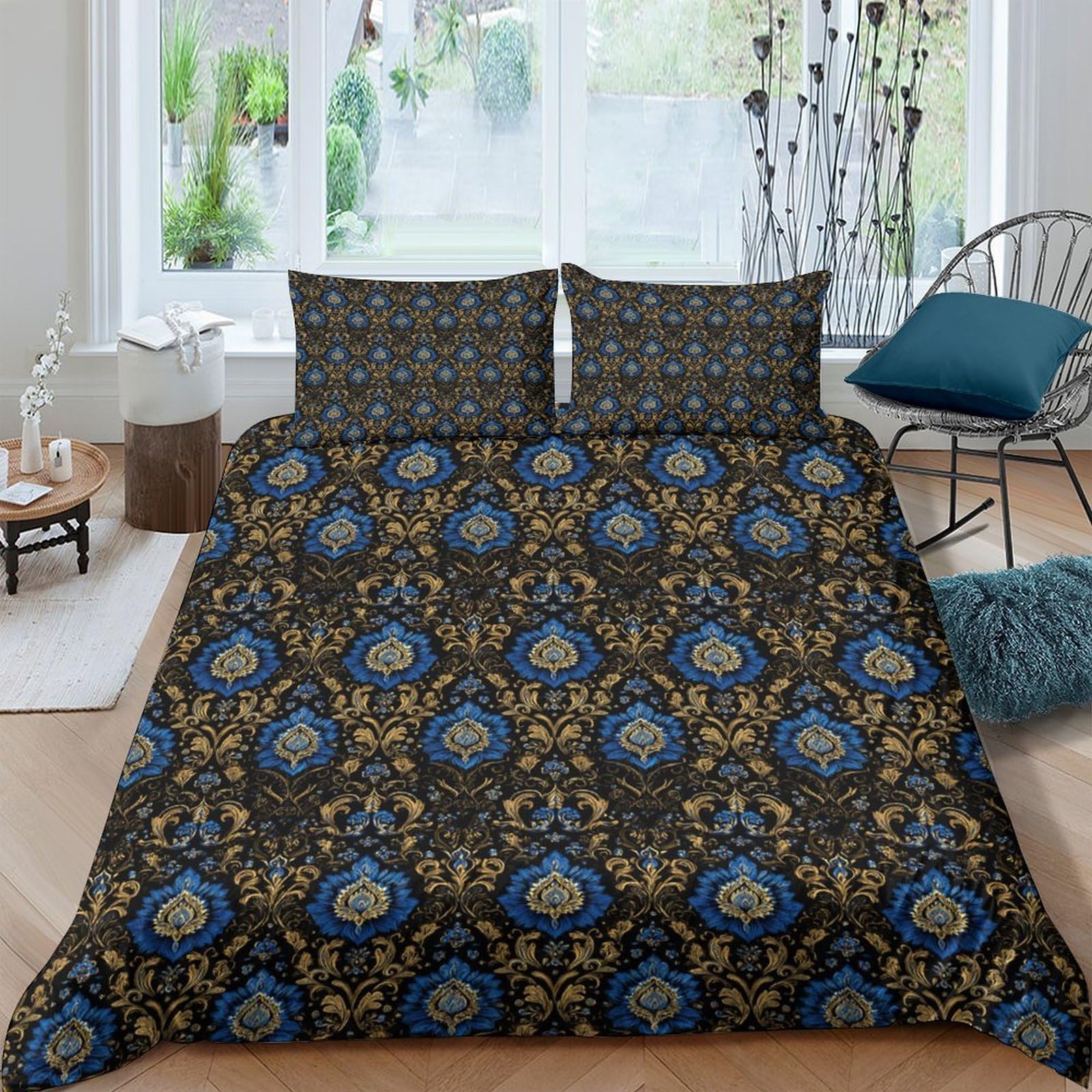 Ctjqhvkz Style-10 3D Printed Vintage Baroque Fitted Sheet Microfiber Blue Gold Floral Mattress Cover For Bedroom Guest Room Decor Single（135X200cm）