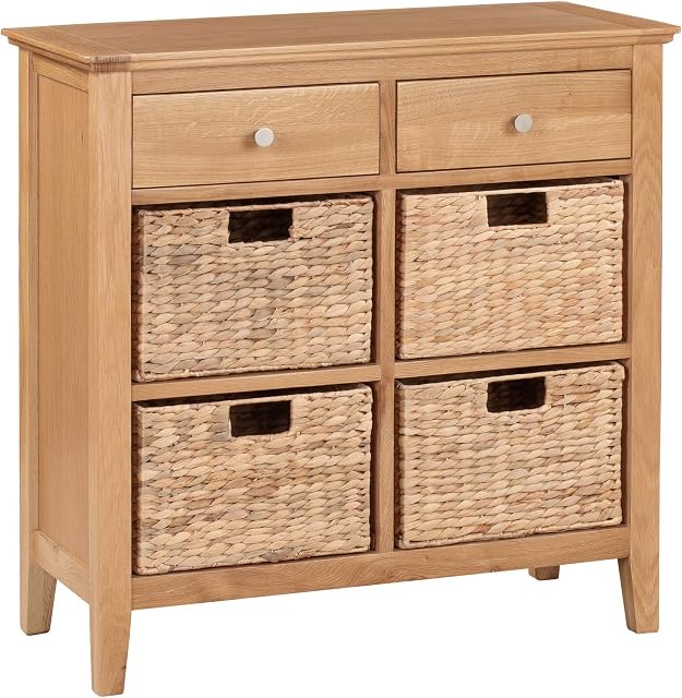 Hallowood Furniture Hereford Storage Sideboard In Light Oak Finish - Wooden Cabinet with 2 Drawers and 4 Wicker Baskets  Console Table with Storage for Hallway & Bedroom - Chest of Drawer Living Room