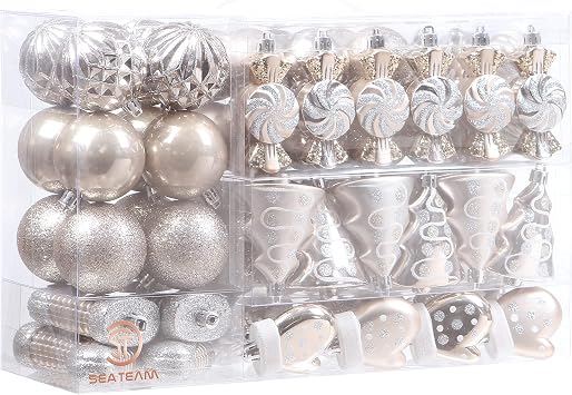 Sea Team 77-Pack Assorted Christmas Ornaments, Champagne | Shatterproof Plastic Decorations Included Decorative Balls, Charms, Pendants for Christmas Tree, Wreath, Garland