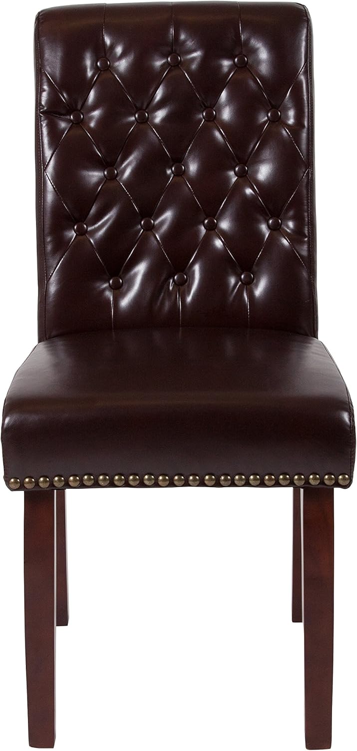 EMMA + OLIVER Brown LeatherSoft Tufted Parsons Chair with Rolled Back & Nail Trim