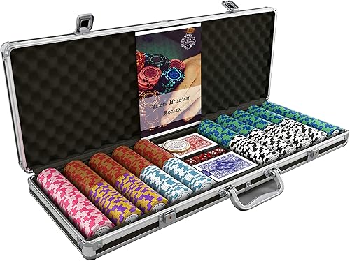 Carmela - Funda de póquer de diseñador con 500 fichas de póquer de arcilla, manual de reglas de póquer, botón de distribuidor y cartas de póquer de