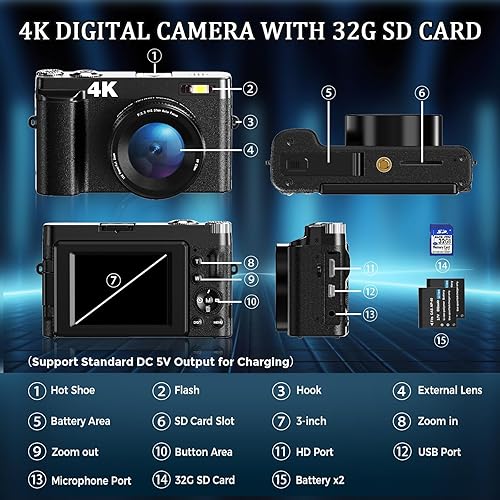 Miniatura 8 de Cámara digital 4K para enfoque automático de fotografía, cámara de vlogging mejorada de 48 MP para YouTube con tarjeta SD, cámara de viaje compacta