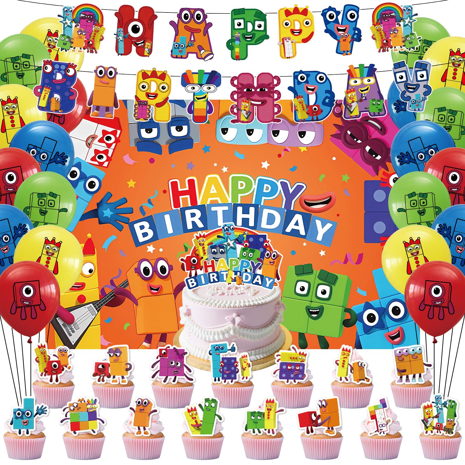 38Pcs Number Birthday Decorations, Blocks Party Supplies Number Theme Party Backdrop, Photography Backdrop, Happy Birthday Banner Balloons Cake Topper for Kids Boys Girls
