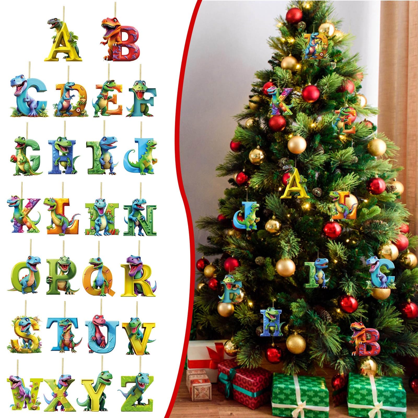 Jmwedia A Ll Primes Dinosaur 26 English Letters Christmas Tree Decorations, Christmas Lphabet Letter Pendant, Tree Hanging Ornament, Home Party Decor
