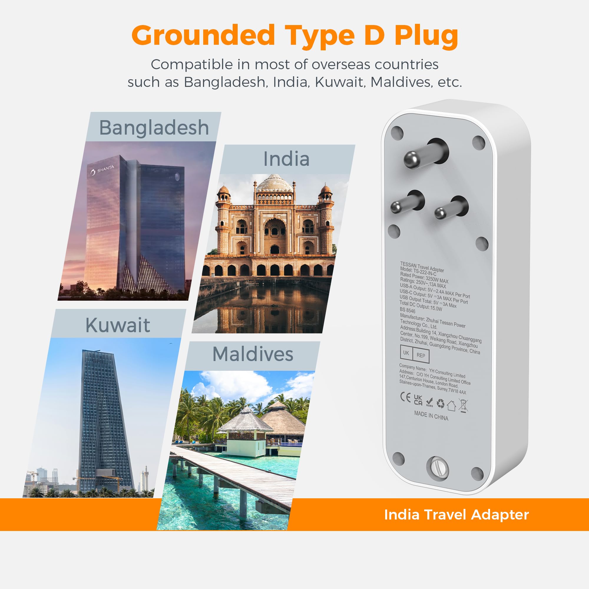 UK to India Plug Adapter, TESSAN Type D Travel Adaptor with 3 USB Ports (1 USB C) - Image 2