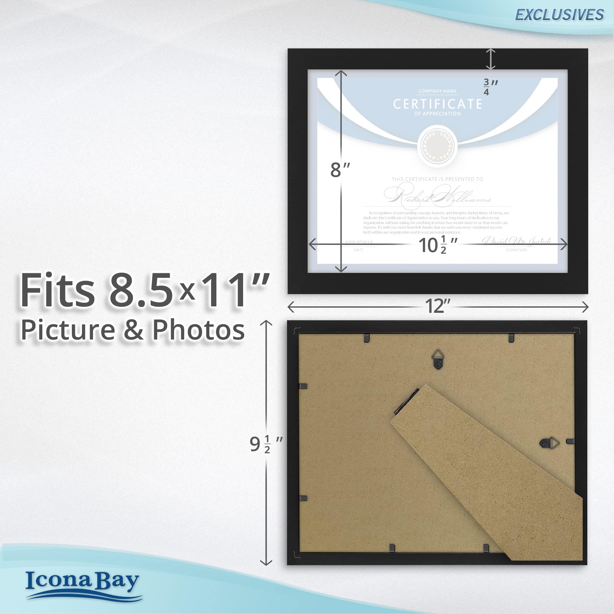 Icona Bay Ramki dyplomowe 11 x 8,5 (czarne, 6 sztuk), solidne drewniane kompozytowe ramki na certyfikaty, eleganckie ramki na dokumenty, elegancki design, uchwyt na blat lub ścianę, ekskluzywna